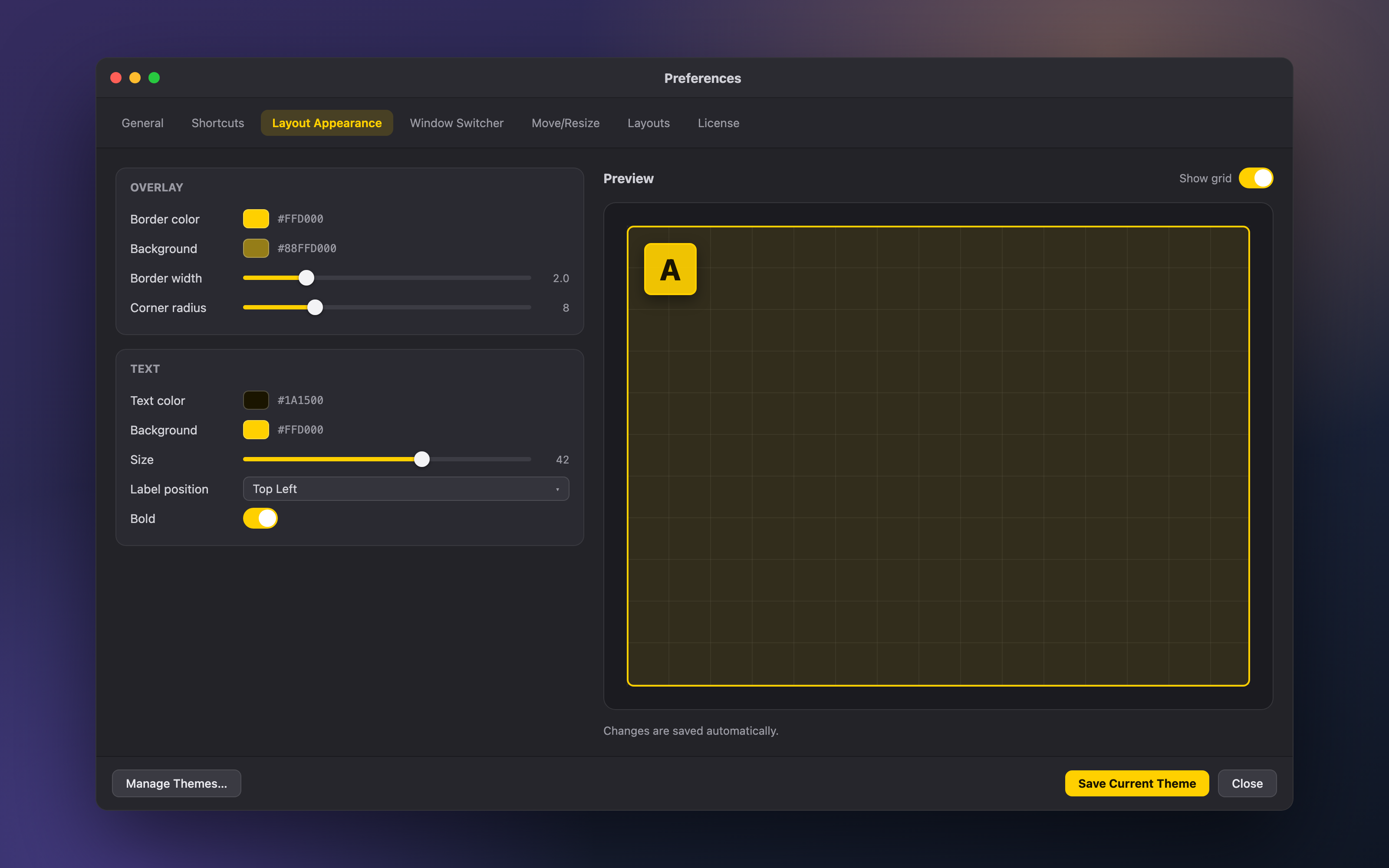 Ankylix Layout Appearance preferences: color pickers, sliders and a live preview of the overlay